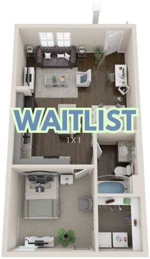 Floor plan for 1 bed, 1 bath, 662 sqft